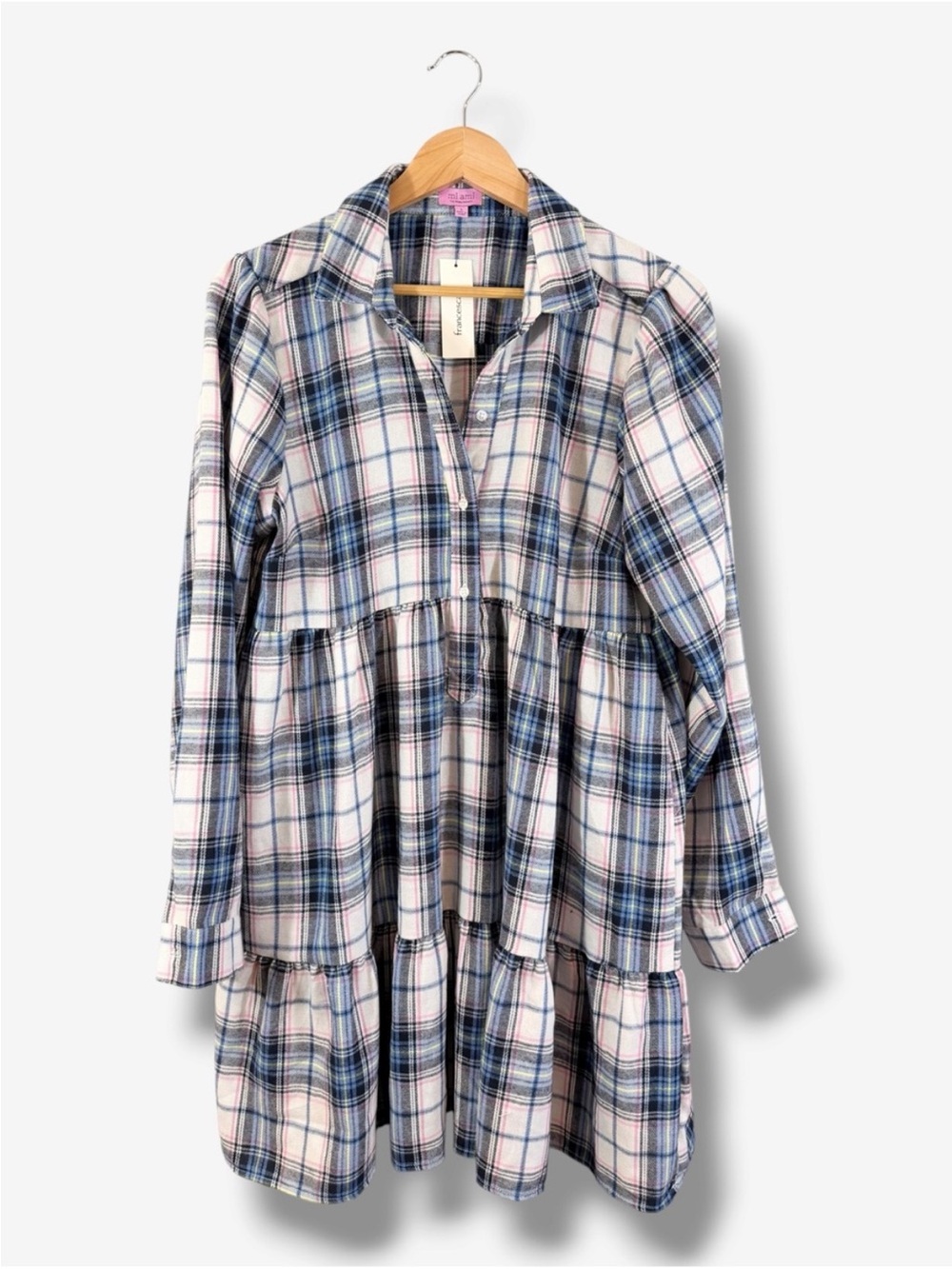 Francesca's Blue Plaid Flannel Shirt Dress Size L Tiered Long Sleeve Mi Ami